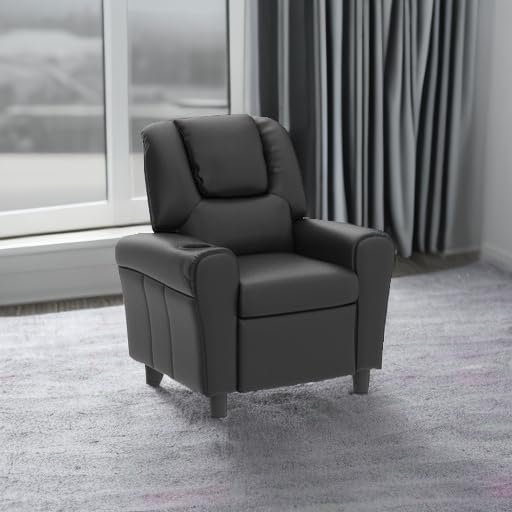 ARLIME Kids Recliner Chair, Toddler Armchair Upholstered Couch with Cup Holder, Backrest, Baby Leather Sofa with Headrest and Footrest, Child Furniture for Ages 2-7 (Black)
