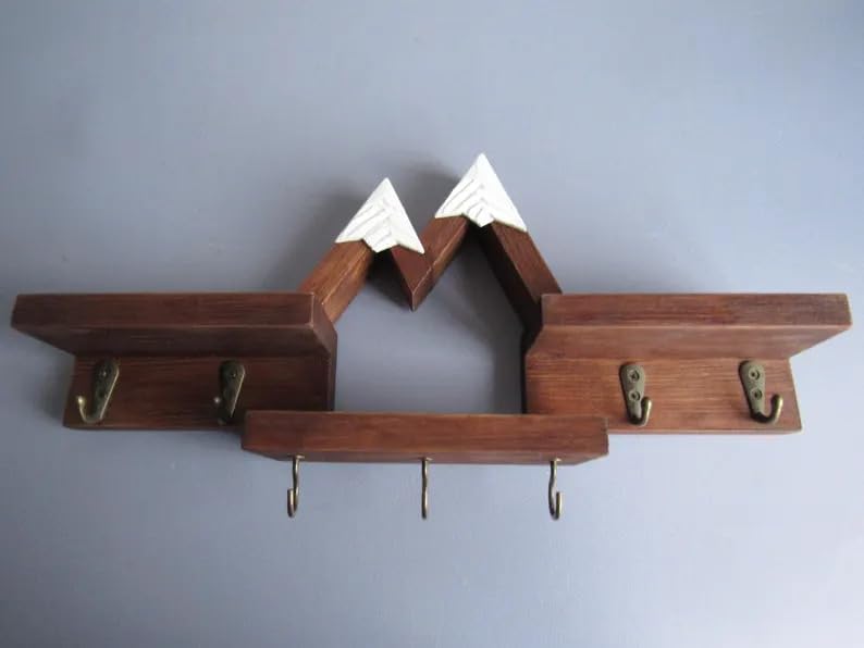 Rustic Mountain Wall Shelf with Hooks, Wood & Metal Wall Storage Organizer, Decorative Floating Shelves for Entryway Bedroom Nursery, Farmhouse Style Home Decor