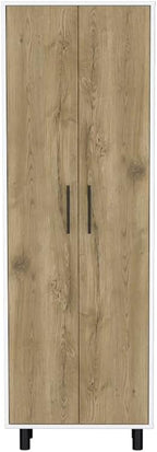 23.6" D*11.8" W*70.9" H White Corner Kitchen Pantry, 5 Adjustable Shelves & Metal Handles, Natural Wood Double Door, Freestanding Storage Cabinet, Modern, for Living Room, Dining Room