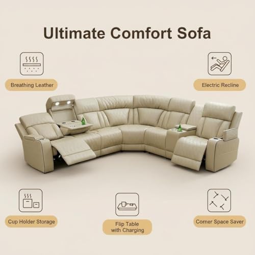 Power Reclining Sectional Sofa Set, Living Room Furniture Sets, Breathing Leather Sectional Couch and Loveseat with 4 Recliners, LED Light, USB Charging Port & Storage for House/Home Theater