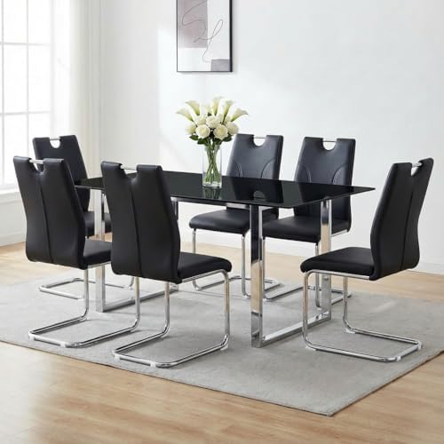 FURNITO Modern Dining Chairs Set of 6, Black Dining Chairs with Thick Cushions, Faux Leather Kitchen & Dining Room Chairs with Backrest and Sliver Metal Legs for Dining Living Room, Easy to Assemble