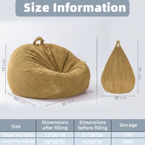 Stuffed Animal Storage Bean Bag Chair Cover,Corduroy Kids Sofa (No Filler) | Holds 80+ plush toys, 220LBS, soft washable, reinforced zipper. Playroom bedroom reading nook. Toddler teen adult. Cover only