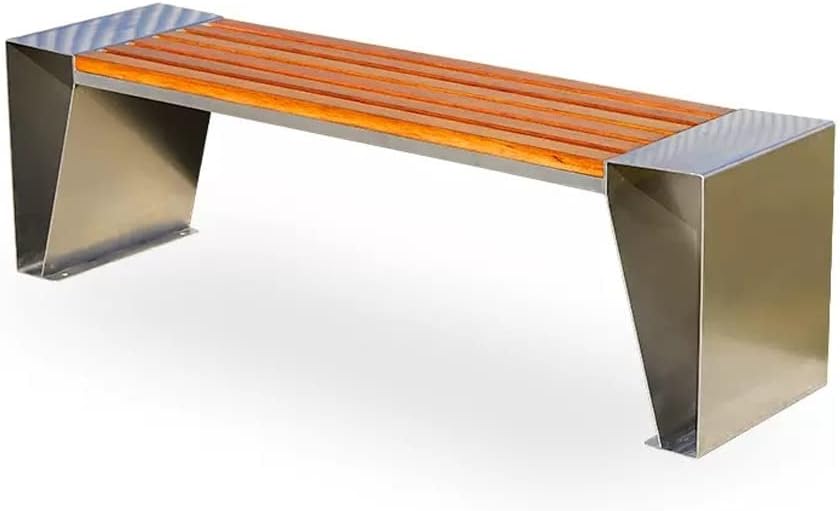 Outdoor Bench, Stainless Steel + Solid Wood Leisure Seat Scenic Commercial Wooden Stool Park Rest Garden Benches for Outdoors