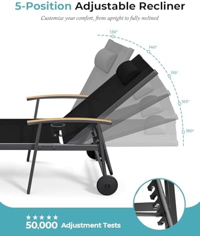 Outdoor Lounge Chair with Pillow, 5-Position Aluminum Chaise Lounge with Wheels & Armrests, 400 lbs Heavy Duty Patio Pool Chair for Backyard, Deck, Beach & Poolside (Black)