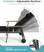 Outdoor Lounge Chair with Pillow, 5-Position Aluminum Chaise Lounge with Wheels & Armrests, 400 lbs Heavy Duty Patio Pool Chair for Backyard, Deck, Beach & Poolside (Black)