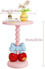 Creative Small Side Table with Bow and Cherry Decoration, Decorative End Table with Wooden Tabletop, Round Accent Table for Small Spaces, Bedroom(Pink)