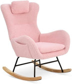 Rocking Chair Nursery, Teddy Upholstered Glider Rocker with Headrest, Accent Armchair with High Backrest, Comfy Lounge Chair for Living Room Bedroom Offices, Pink