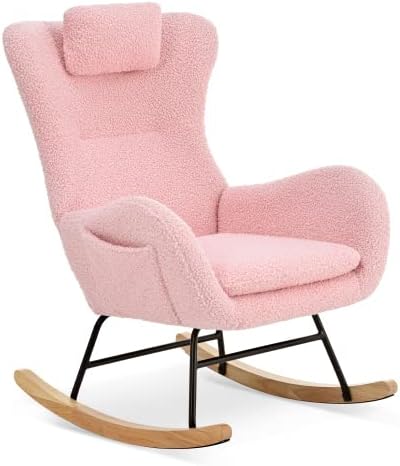 Rocking Chair Nursery, Accent Armchair with High Backrest, Teddy Upholstered Glider Rocker with Headrest, Comfy Lounge Chair for Living Room Bedroom Offices, Pink