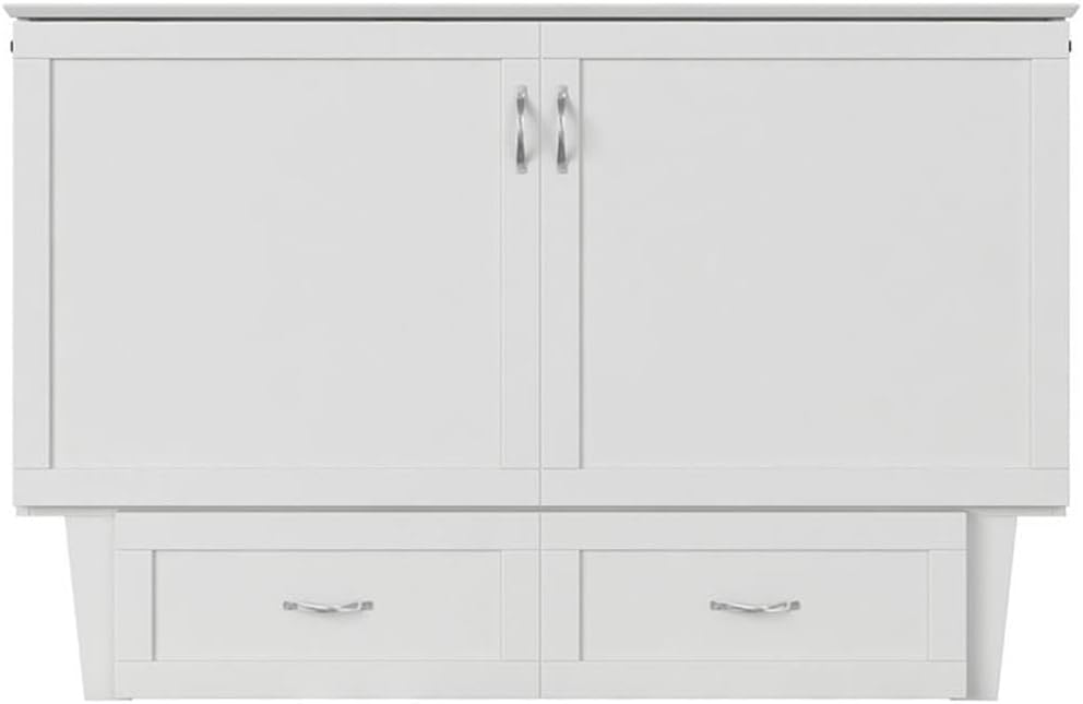 Atlin Designs Modern Queen Murphy Bed Chest, Solid Wood Construction, White Finish with Storage Drawer, Memory Foam Mattress, USB Charging Ports, Space-Saving Bedroom Furniture