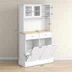Freestanding Kitchen Storage Cabinet with Drawers, Adjustable Shelves, Glass Doors & Tilt-Out Cabinets – Tall Pantry Organizer for Kitchen, Bathroom, or Laundry Room (White)