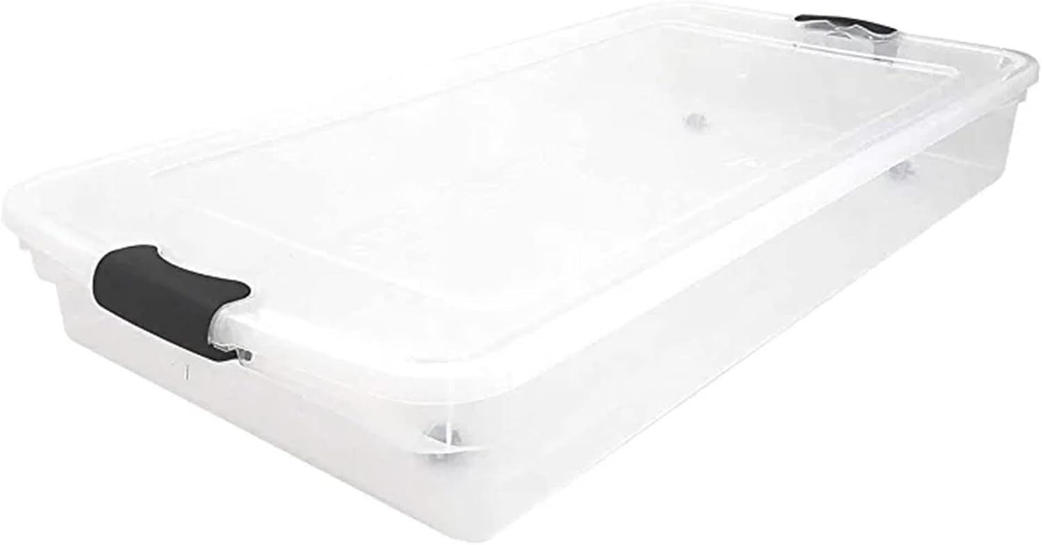 HOMZ 2-Pack Under Bed Storage, Clear Plastic Containers with Lids, 60 Quart, Gray Latch - Stackable Underbed Organizer Bins for Shoes, Bags, Clothes, and Towels