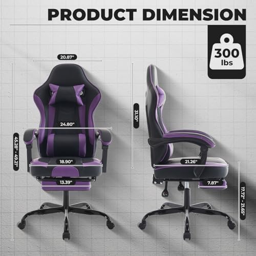 Gaming Desk Chair for Adults, Ergonomic Gaming Chair with Footrest & Headrest and Lumbar Support, Leather Material Height Adjustable Computer Video Game Chairs (Purple+Black)