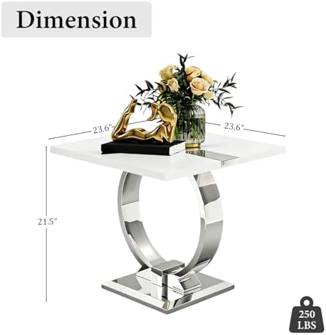 Asday 23.6" White and Silver End Table, Modern Side Table with Glossy Wooden Top and Stainless Steel U-Shaped Base, Accent Table for Living Room, Bedroom, Lounge