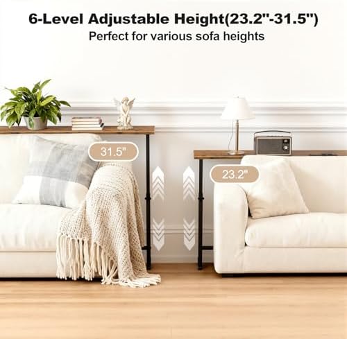 Faesun 70.9 Inch Behind Couch Table, 24"-32" Adjustable Height Range, Behind The Couch Table with Outlet, Adjustable Console Table, Narrow Long Sofa Table, for Living Room, Rustic Brown