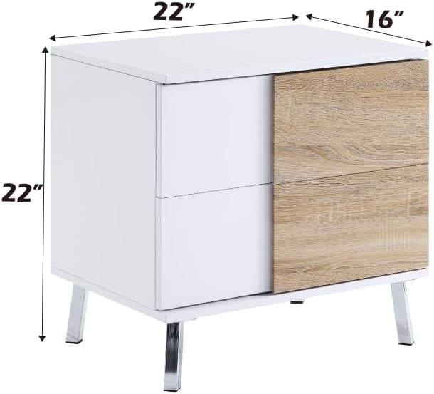 Verux White High Gloss End Table - 2 Storage Drawers, Chrome Flared Legs, Durable MDF Living Room Decor, Modern Home Accent