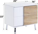 Verux White High Gloss End Table - 2 Storage Drawers, Chrome Flared Legs, Durable MDF Living Room Decor, Modern Home Accent