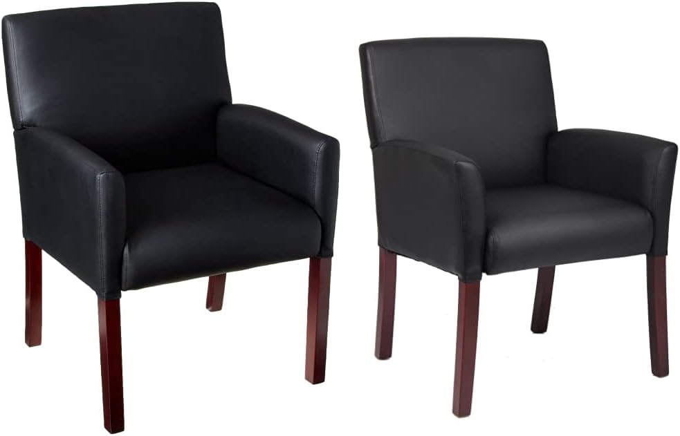 Boss Office Products Reception and Guest Box Arm Chairs with Mahogany Finish in Black
