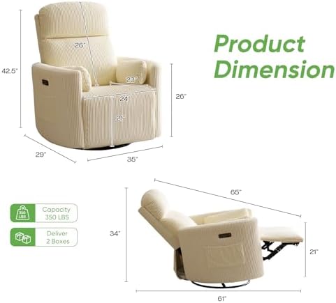 Oversized Power Recliner with Massage and Heat, Swivel Rocker Recliner with Adjustable Headrest, Glider Recliner Nursery Chair with 2 Pillows, rocking nursery recliner for Living Room,Corduroy Beige