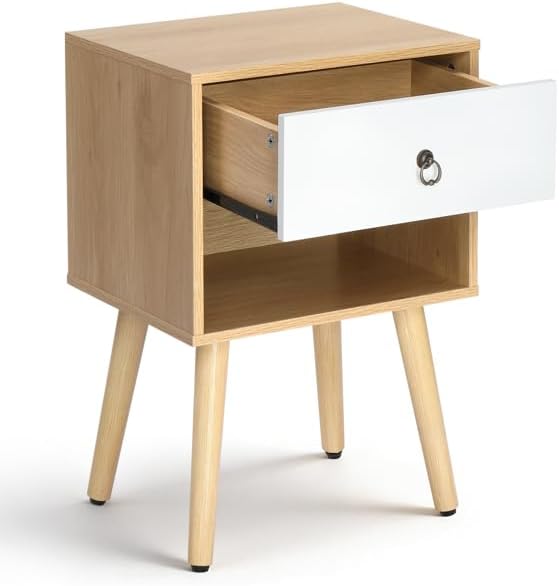 Mid-Century Modern Nightstand with Drawer and Open Shelf, Bedside Table with Solid Wood Legs and Adjustable Feet, Linen-Textured Side Table for Bedroom and Living Room, Oak & White (1 Pack)