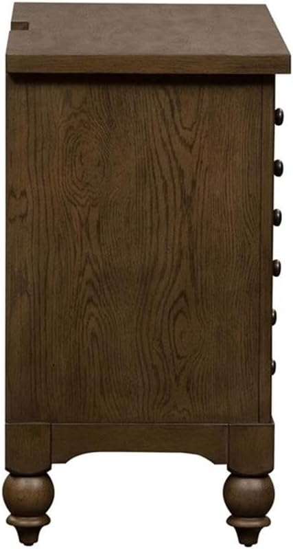 Pemberly Row Bedside Chest, Dusty Taupe Wire-Brushed Finish, 3 Drawers with Felt-Lined Top and Cedar-Lined Bottom, Built-in AC and USB Charging Station, Antique Brass Knob Hardware, Rustic Bedroom