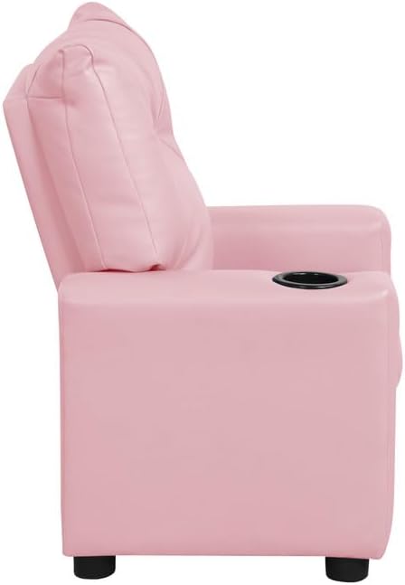 Lilola Home Perline 23" W Pink PU Leather Kids Recliner Chair – Faux Leather Toddler Armchair with Cup Holder and Soft Padded Back for Bedroom or Playroom