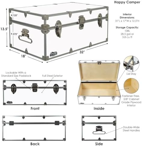 C&N Footlockers - Full-Size Happy Camper Trunk - #1 Summer Camp Trunk - Made in the USA - Steel Footlocker with Lid Stay - 32 x 18 x 13.5 Inches (Royal Blue)