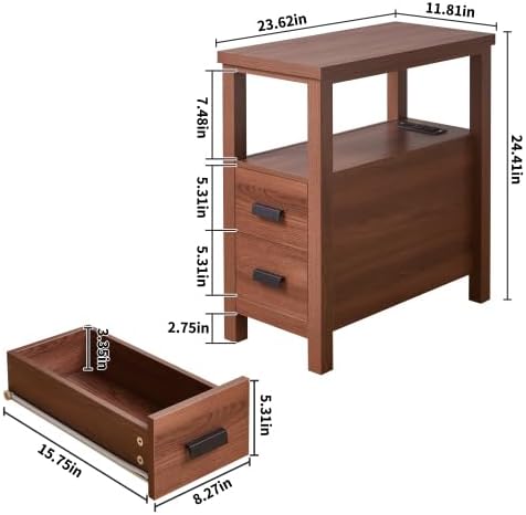 Farmhouse Nightstand with Charging Station, 18'' Wooden Bedside Table with 2 Drawers, Antique End Table with USB Ports, Narrow Sofa Couch Side Table for Bedroom, Living Room, Small Spaces (Walnut)