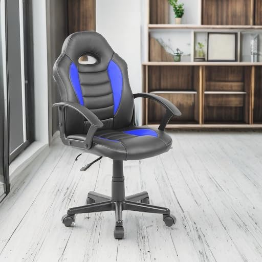Techni Mobili Kid's Gaming and Student Racer Chair with Wheels, Resemblance of a sport's car interior, Polypropylene, Blue