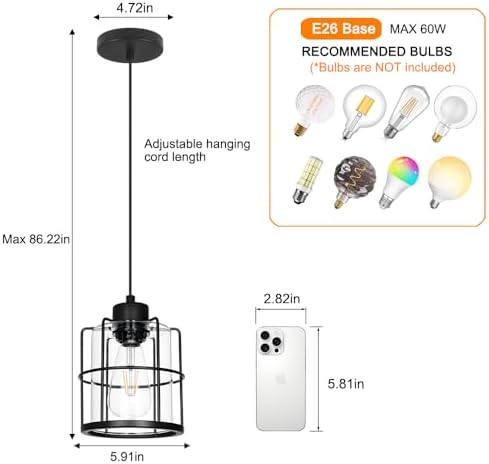 Industrial Black Pendant Lights Kitchen Island, Glass Island Pendant Lights Set of 2, Small Ceiling Kitchen Island Lights with Adjustable Cord, Farmhouse Hanging Light for Hallway Bathroom
