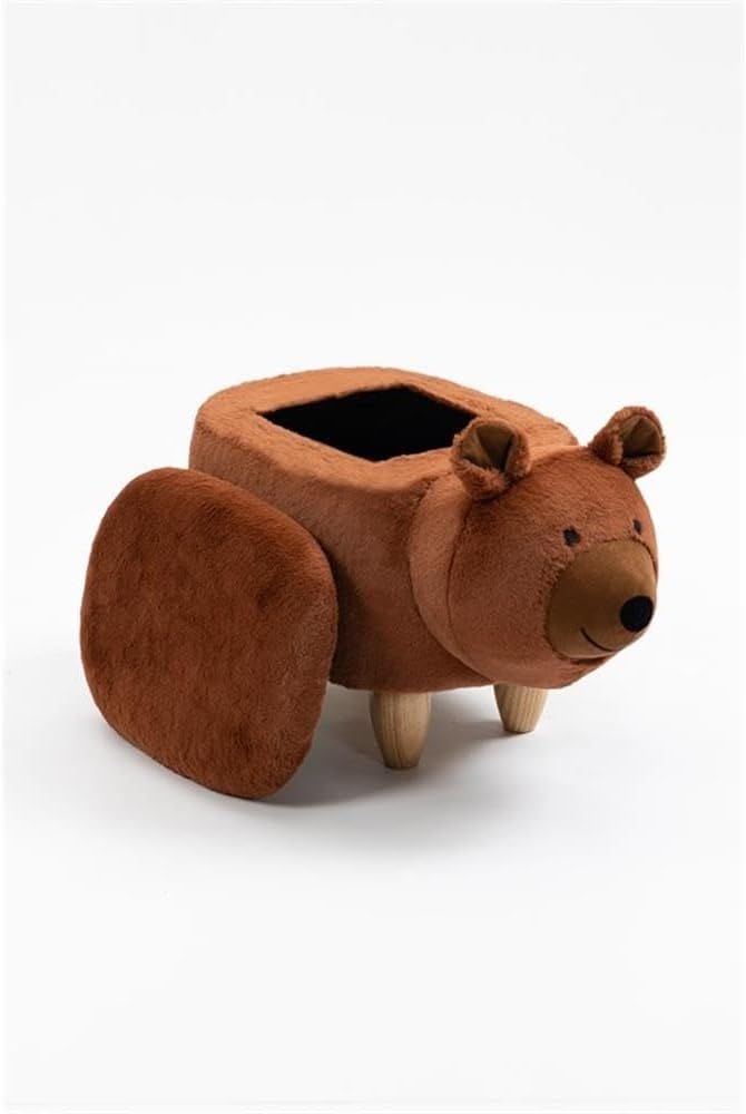 Pemberly Row Modern Fabric Bear Storage Ottoman, Soft Fur-Like Fabric, Brown/Natural Finish, Solid Wood Legs, Hidden Storage, 14.17" H x 13.8" W x 24.8" D, Living Room, Kids' Room, Playroom Accent
