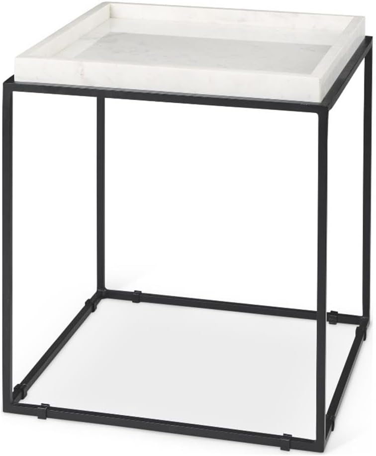Pemberly Row Square White Marble and Black Metal End Table, 18 in x 18 in x 20 in, Raised Edges, Matte Black Base, Elegant Side Table for Living Room or Bedroom Decor