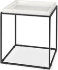 Pemberly Row Square White Marble and Black Metal End Table, 18 in x 18 in x 20 in, Raised Edges, Matte Black Base, Elegant Side Table for Living Room or Bedroom Decor