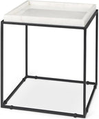 Pemberly Row Square White Marble and Black Metal End Table, 18 in x 18 in x 20 in, Raised Edges, Matte Black Base, Elegant Side Table for Living Room or Bedroom Decor