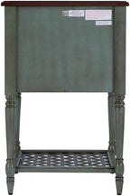 Beaumont Lane Rustic Wood End Table, 20" W x 16" D x 30.5" H, Mahogany Wood Solids & Veneer, Green Paint and Mahogany Finish, Drawer & Cabinet Storage, Antique Brass Pulls, Living Room Furniture