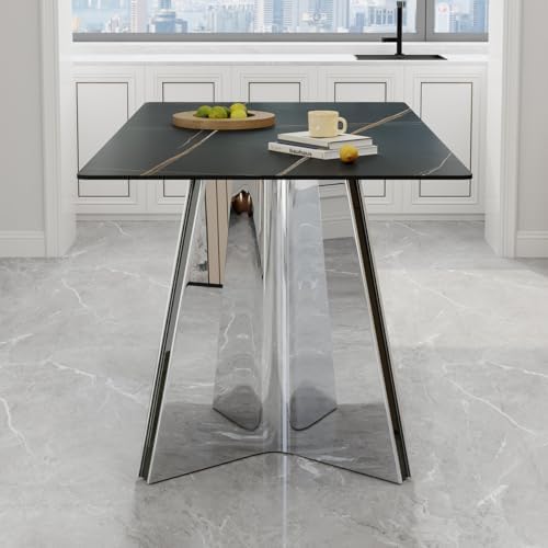 TesNus 63" Modern Dining Table Set for 4,Black Marble Dining Room Table Set for 4-6,Rectangular Sintered Stone Top with Stainless Steel Silver Base 5-7 Piece Kitchen Dining Table Set