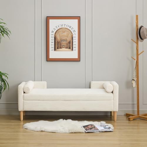 Corduroy Storage Soft Bench - Armrests, Backrest & 2 Bolster Pillows for Living Room Entryway Bedroom (65.35", Ivory)