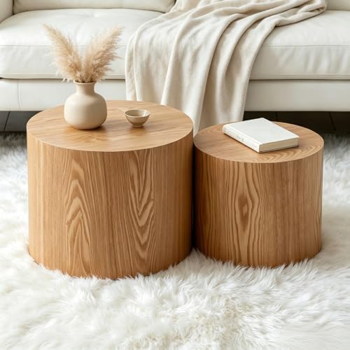 Small Wood Side Table Round Nesting End Table Coffee Tables Nesting Tables Set of 2 for Living Room Bedroom Office No Need Assembly Oak 18.8" W x 14.9" H