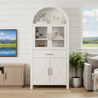 71" Tall Arched Pantry Cabinet, Farmhouse Kitchen Storage Cabinets with Adjustable Shelves & Glass Door, Drawer, Modern Display Versatile Cupboard for Kitchen Dining Room (White B)