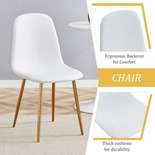 Round Dining Table Set for 4, Modern Kitchen Table and Chairs Set for 4 Marble Dining Set Reception Table Set Upholstered Chair for Dining Room (White-G501, 42 inch White Table Set)