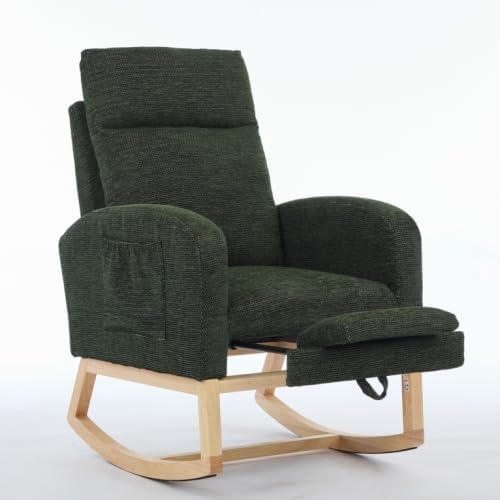 Dark Green Rocking Chair for Nursery Bedroom, Padded Upholstered Glider Rocker with Side Storage Pocket & High Back, Wood Legs Comfy Armchair for Living Room