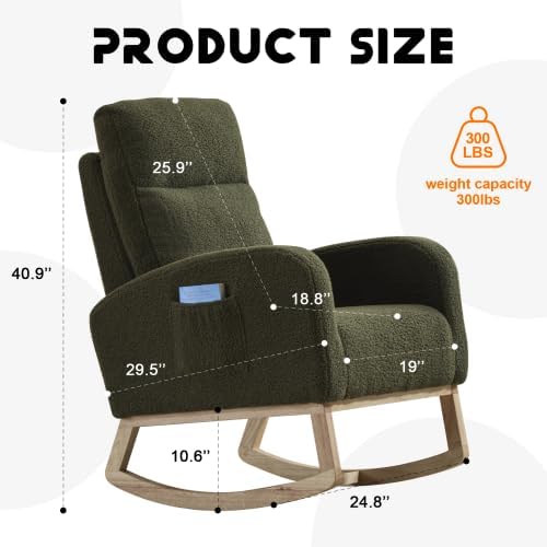Green Teddy Rocking Chair for Nursery, Upholstered Glider Rocker with High Backrest and Side Storage Pocket, Comfy Accent Armchair with Solid Wood Legs for Living Room Bedroom Reading
