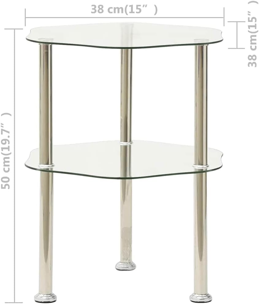 Modern 2-Tier Tempered Glass Side Table with Stainless Steel Frame, Transparent Accent End Table for Living Room, Sofa, or Telephone Stand