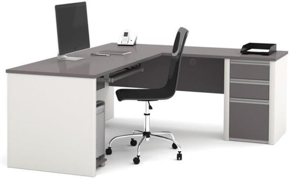 BOWERY HILL L-Shaped Computer Desk, Sandstone Finish, Manufactured Wood and Laminate, 71 in W x 82 in D, Commercial Grade Workstation with File Drawers and Keyboard Shelf, Reversible Return for Home
