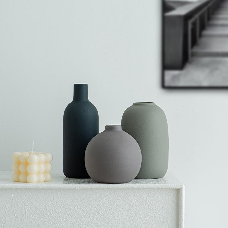 Ceramic Vase Set of 3 - Small Modern Minimalist Ceramic Bud Vases for Home Decor - Boho Aesthetic Flower Vases for Desk, Shelf & Table, Mantle, Bookshelf (Cute & Versatile) (Neutral Mix)