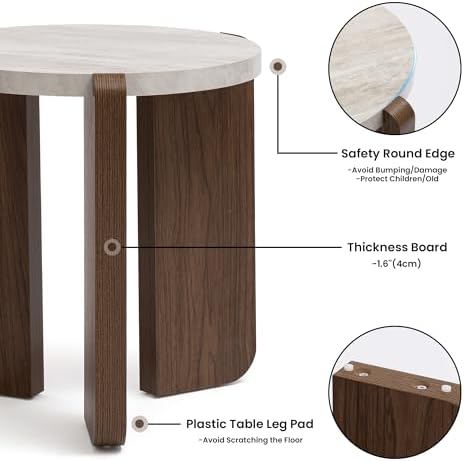 HOMPUS Farmhouse Round End Table, French Country White Bedside Table, Faux Marble Tabletop Sofa Table, Accent Side Table for Living Room, Bedroom, Office, Small Spaces, Easy Assembly (White + Brown)