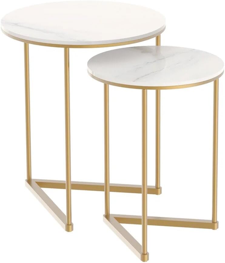Set of 2 Modern Round Marble Metal Base Nesting Set Side Accent Table Living Room Storage Small End Table, Coffee Table, Marble and Gold
