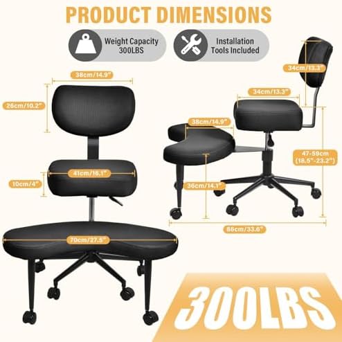 Ergonomic Cross Legged Chair, 360° Swivel Meditation Chair with Wheels for ADHD Desk & Yoga, Criss Cross Design with Strong Lumbar Support, Height-Adjustable Seat Mesh Style, Home Office - Black