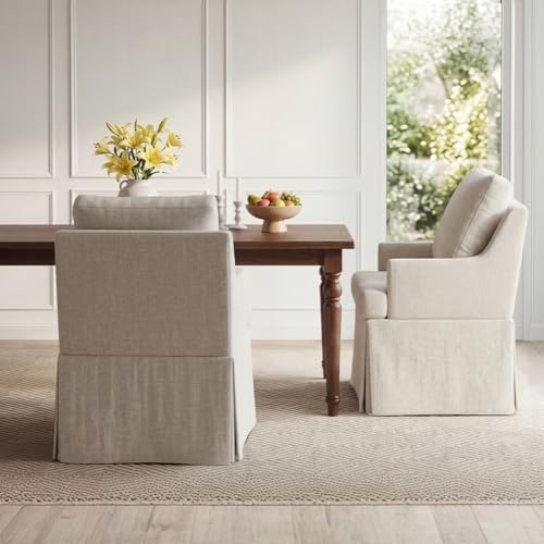 UVV Upholstered Dining Chairs Set of 2, Modern Kitchen Chair Dining Room Chair with 4 Casters, Linen Armchair for Bedroom Reading Room Living Room, Beige