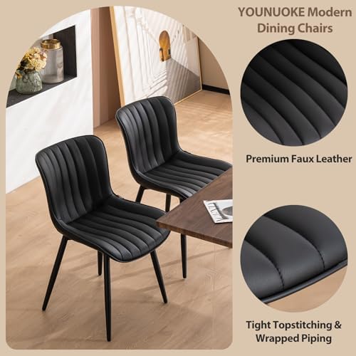 YOUNUOKE Dining Chairs Set of 2 Mid-Century Modern Kitchen Chair Black | Faux leather upholstered with Back, fits dining living waiting room guest reception. Waterproof easy to clean assemble, 300lb