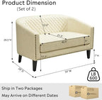 50" Faux Leather Small Barrel Love Seats Set of 2, Diamond Tufted Back Compact Loveseats Sofas with Nailhead Trim, Modern 2-Seater Couches with Solid Wood Legs for Small Spaces, Apartments, Cream